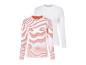 Deux t-shirts à manches longues, un rayé avec des détails orange et un blanc.