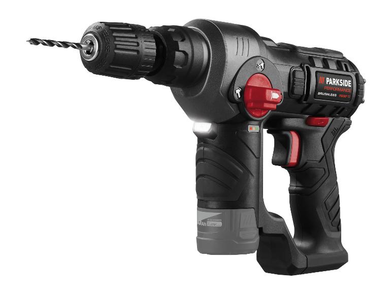 Perforateur sans fil Parkside Performance noir avec accents rouges et foret.