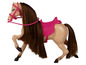 Un cheval en plastique jouet avec une selle et une bride roses.