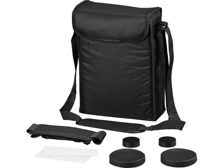Sac noir pour jumelles avec sangle, chiffons de nettoyage et capuchons d'objectif.