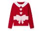 Un pull rouge avec un col blanc, un nœud rose et des cœurs.