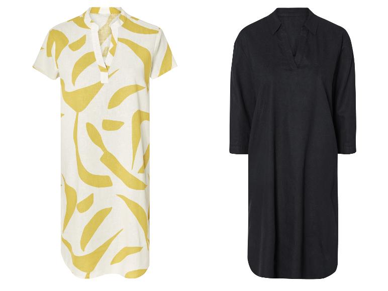 Deux robes : une avec un imprimé abstrait jaune et une noire unie.
