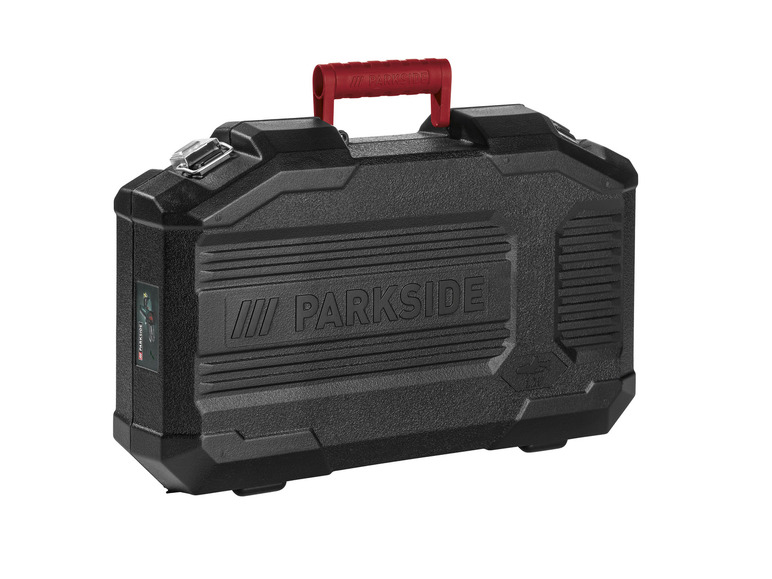 Une boîte à outils Parkside noire avec une poignée rouge.