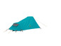 Une tente turquoise avec un logo orange.