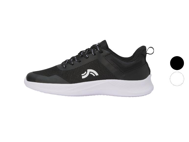 Chaussures de sport noires avec semelle blanche et logo blanc, avec options de couleur noir et blanc.