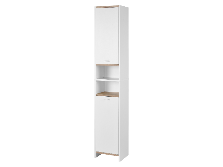Une haute armoire de salle de bain blanche avec des accents en bois.