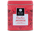 Boîte de thé rouge avec une étiquette blanche, affichant « Rooibos Infusion » et un motif décoratif.