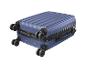 Valise rigide bleue avec quatre roues doubles et fermeture éclair.