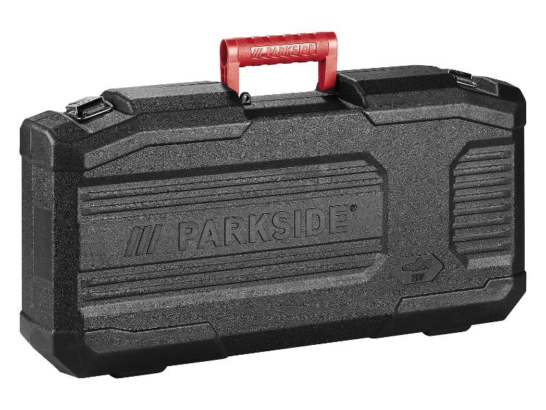 Valise à outils Parkside noire avec poignée rouge.