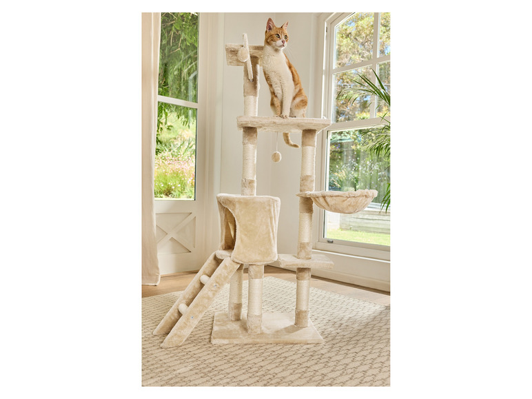 Un arbre à chat avec une plateforme, une cachette pour chat et une échelle.