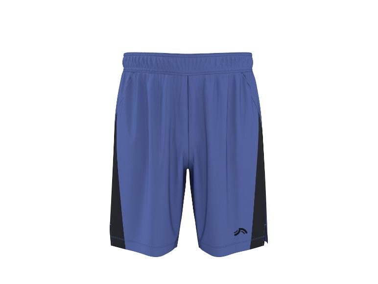 Short de sport bleu avec empiècements latéraux noirs et un logo noir sur la jambe droite.