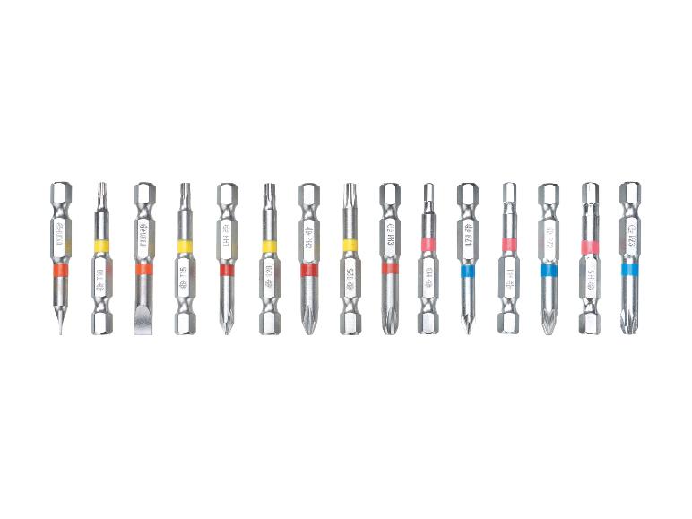 Jeu d'embouts PARKSIDE® avec divers embouts de tournevis, y compris PH1, PH2, PH3, PZ1, PZ2, PZ3, T10, T15, T20, T25, H4, H5.