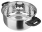 Une casserole en acier inoxydable avec un couvercle en verre et des poignées noires.