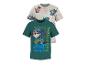 Deux t-shirts pour enfants, l'un blanc à motifs de chiots et l'autre vert avec un chiot et le texte 'WE'VE GOT DINOS TO SAVE! PAW PATROL'.