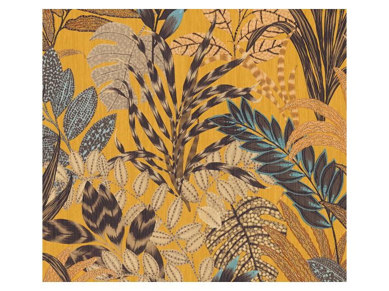 Motif de feuilles tropicales en jaune, marron et bleu.