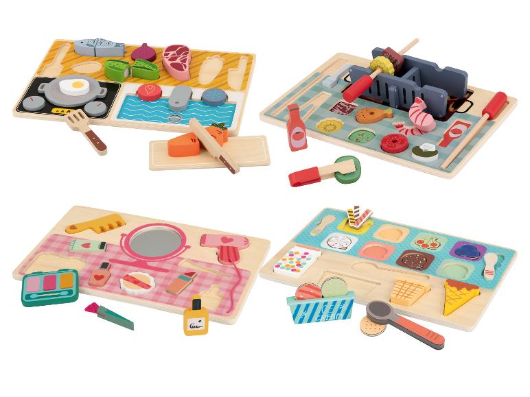 Ensembles de jeux en bois sur les thèmes de la cuisine, du barbecue, du maquillage et de la crème glacée.
