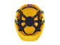 Un casque de sécurité jaune avec un bandeau et une mentonnière noirs.