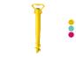 Ancre de sable jaune pour parasol de plage avec poignée et base à vis, avec échantillons de couleurs.
