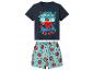 Pyjama court garçon avec t-shirt bleu marine et short bleu à imprimé super-héros.