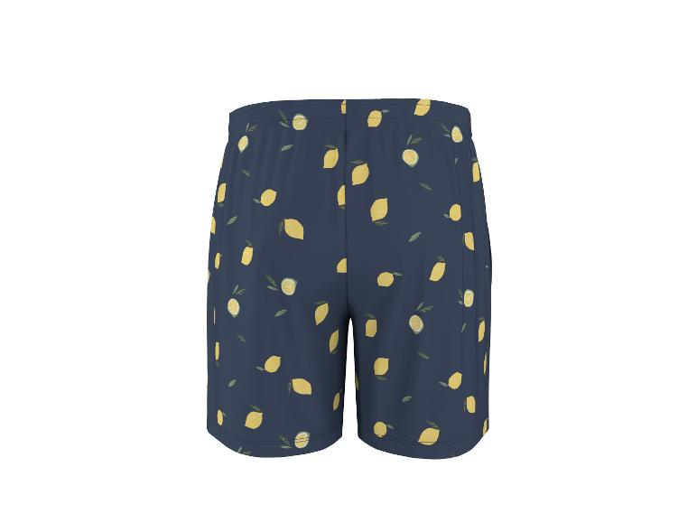 Short de bain bleu à motif citrons et feuilles.