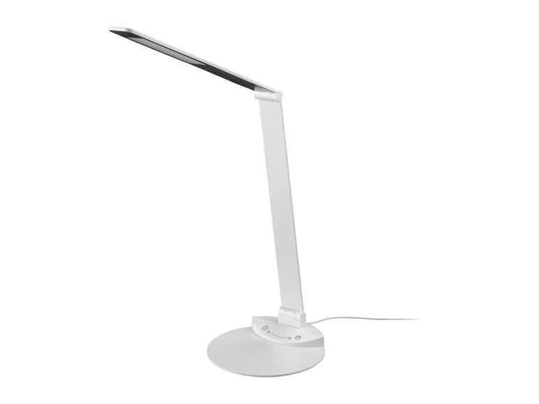 Une lampe de bureau blanche réglable avec un long cou.