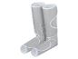 Bottes de massage grises pour les jambes avec bordure blanche, vues de face en angle.