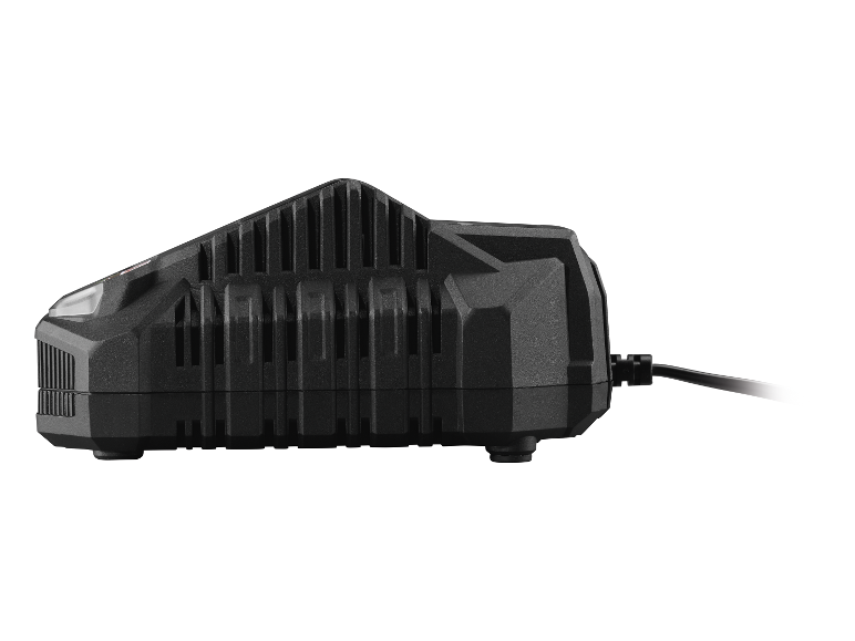 Chargeur de batterie noir, vu de côté.
