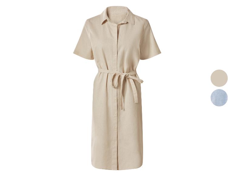 Robe chemise beige pour femme à manches courtes et ceinture, avec échantillons de couleur.