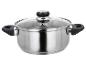 Casserole en acier inoxydable avec couvercle en verre et poignées noires.