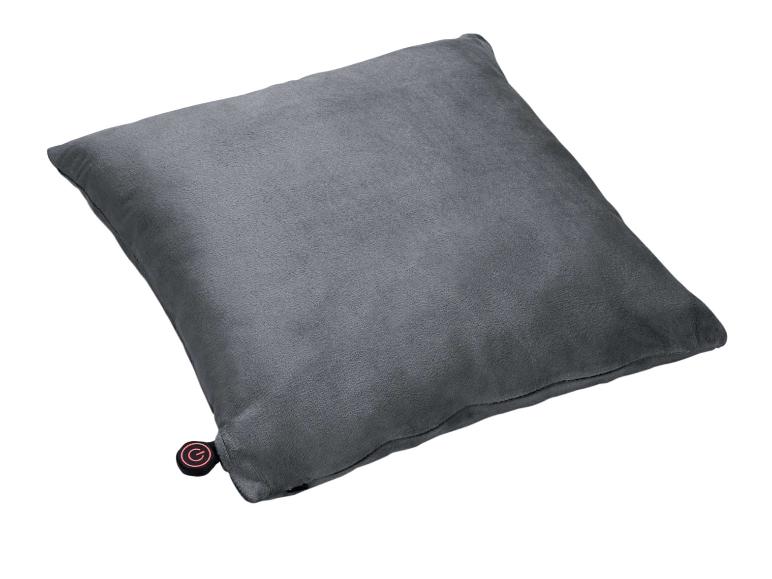 Coussin carré gris avec un symbole de bouton d'alimentation rouge
