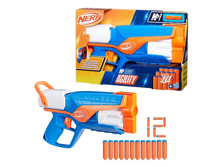 Blaster Nerf Agility avec 12 fléchettes, présenté en boîte et séparément.