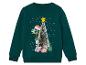Un pull de Noël vert foncé avec un dinosaure tenant un sapin de Noël.