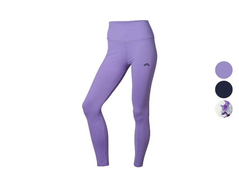 Legging violet femme avec logo noir sur la cuisse droite et palette de couleurs.