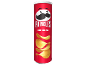 Tube rouge de chips de pommes de terre saveur originale, avec un visage moustachu.