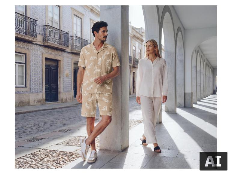 Homme en chemise et short beige à imprimé palmier, femme en ensemble de lin blanc, dans une allée voûtée.