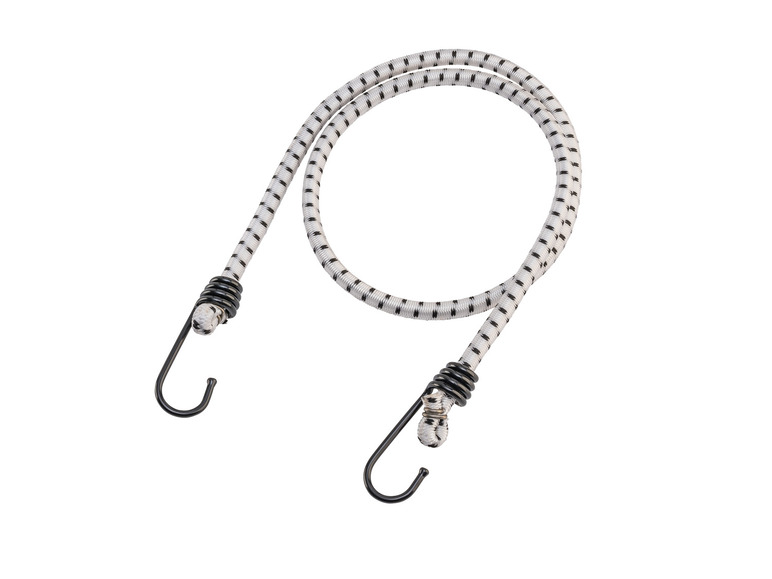 Un cordon de bungee blanc avec des points noirs et des crochets.
