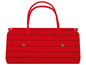 Une boîte à jouets en bois rouge avec des poignées en corde.