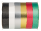 Rouleaux de rubans de différentes couleurs : noir, blanc, argent, or, rouge et vert.