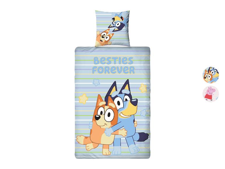Parure de lit Bluey et Bingo avec texte 'BESTIES FOREVER' et options de personnages.
