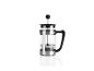 Une cafetière à piston en acier inoxydable avec une poignée et un couvercle noirs.