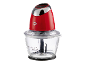 Hachoir alimentaire rouge et chromé avec un bol en verre transparent et des graduations.