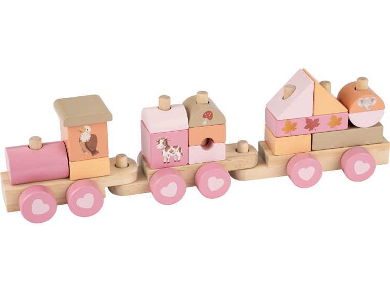 Train en bois avec blocs roses et beiges, images d'animaux et de feuilles.