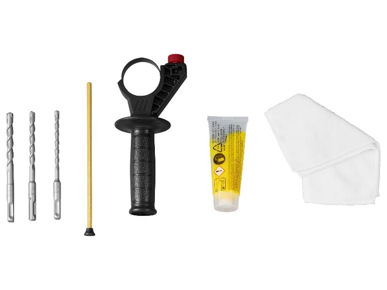 Accessoires pour perceuse-visseuse : forets, poignée, graisse et chiffon de nettoyage.