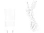 Chargeur USB blanc avec prise murale et câble USB-A vers micro-USB enroulé.