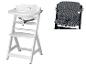 Chaise haute Safety 1st blanche et coussin hexagonal noir et blanc.