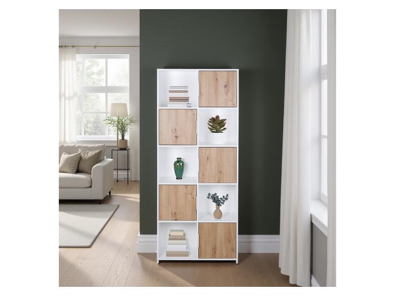 Meuble mural avec éléments en bois et blancs.