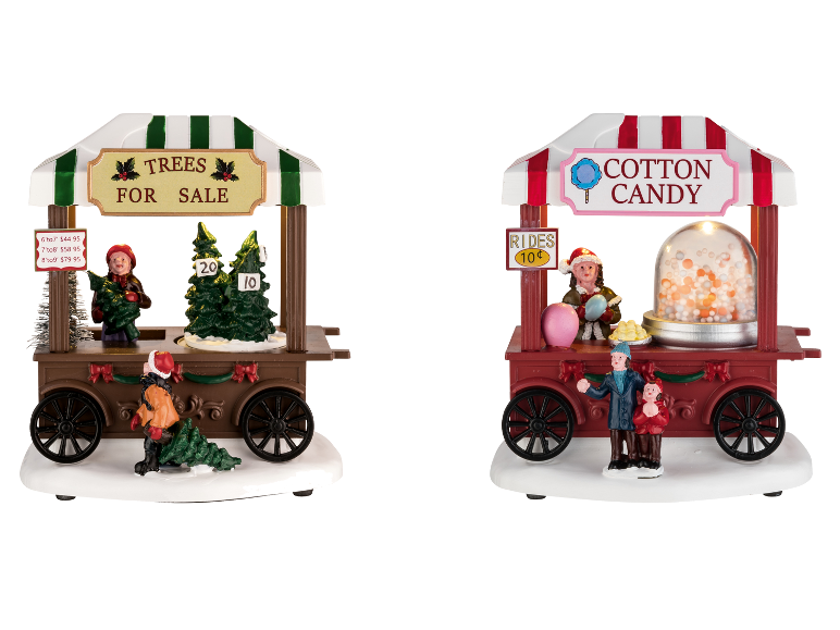Deux scènes miniatures festives : une vente de sapins de Noël et un stand de barbe à papa avec éclairage LED.