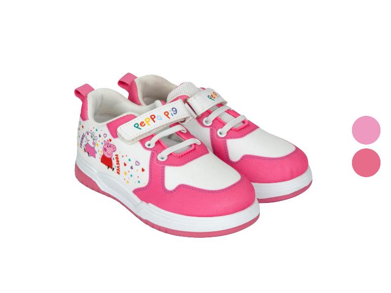 Chaussures de sport roses et blanches pour enfants avec motif de dessin animé et texte 'Peppa Pig'.