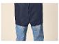 Partie inférieure d'une veste de pluie bleu foncé sur un jean bleu.