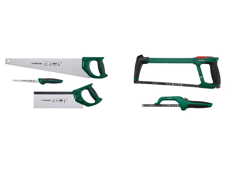 Ensemble de scies à main Parkside, comprenant une grande scie à bois, une scie d'élagage et une scie à métaux.